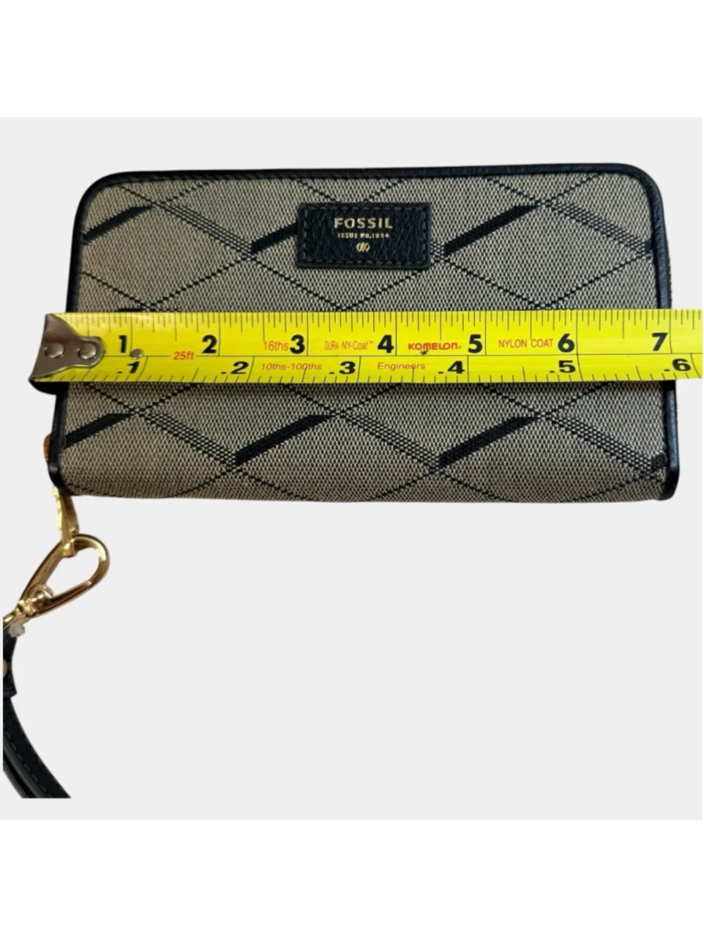 Fossil Zip Around Wristlet Wallet Black Tan Canvas Leather Trim Gold Hardware